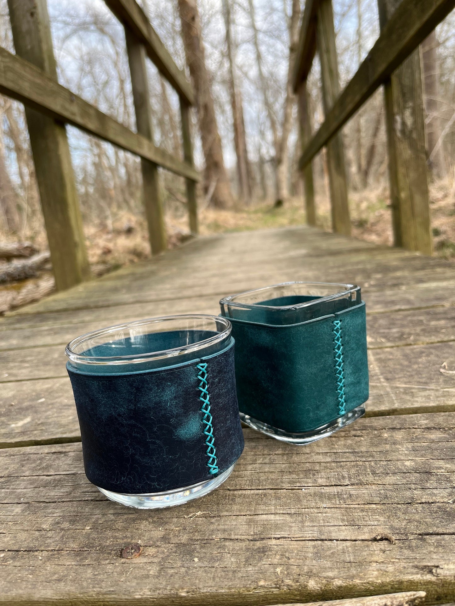 Blue Leather Candle Holder/Corset - Handmade - Vegetable Tanned Leather