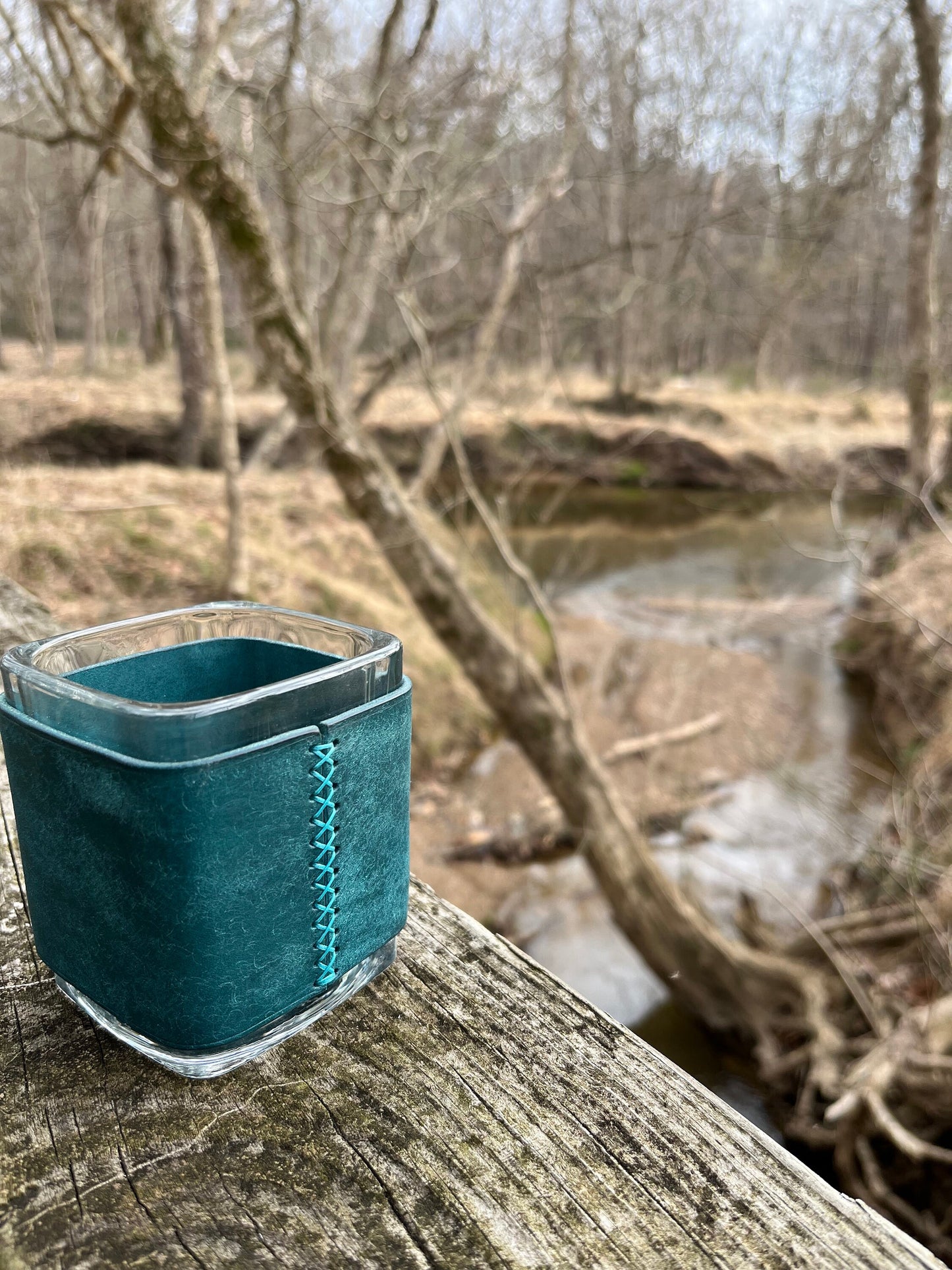 Blue Leather Candle Holder/Corset - Handmade - Vegetable Tanned Leather