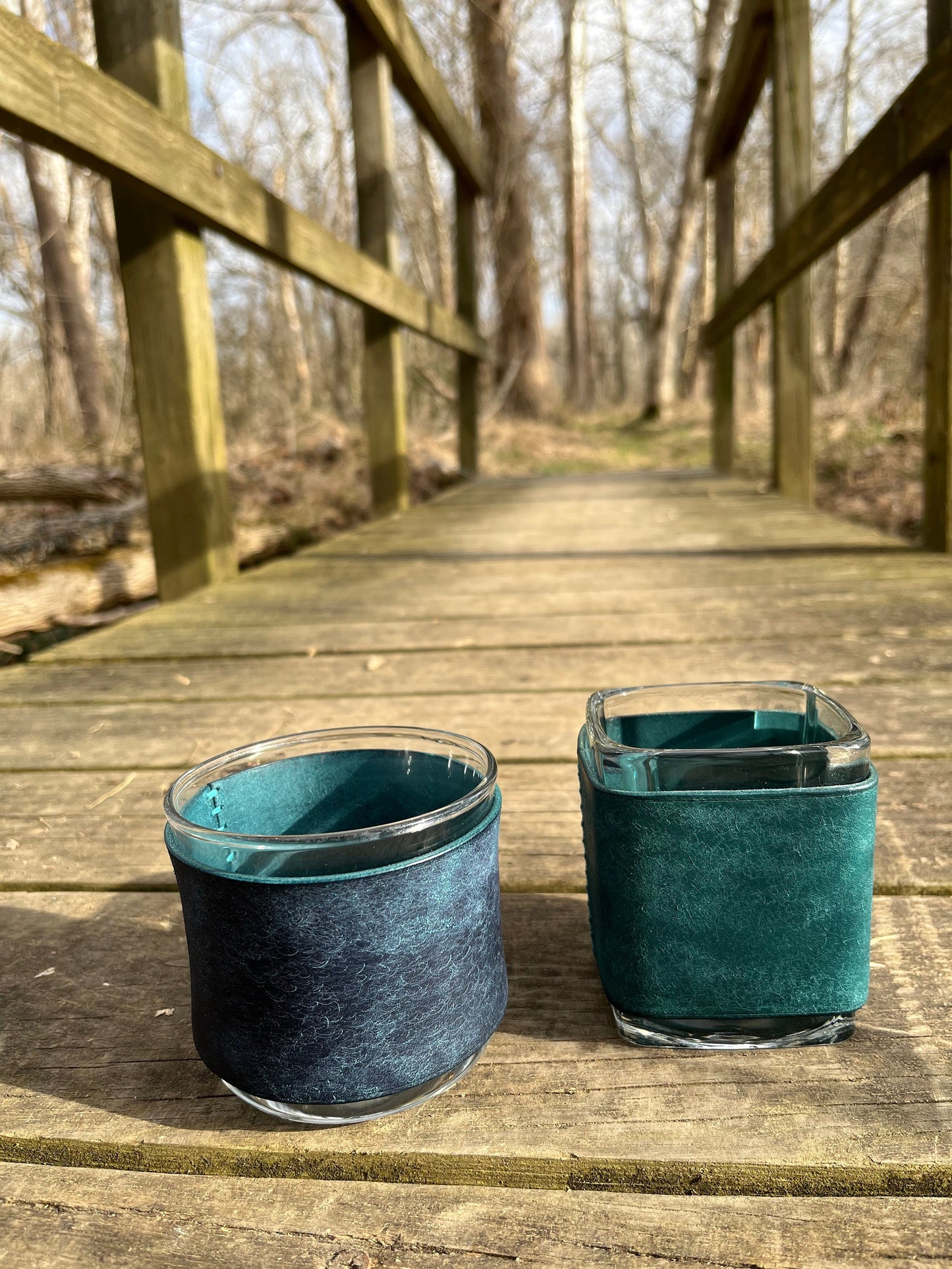Blue Leather Candle Holder/Corset - Handmade - Vegetable Tanned Leather
