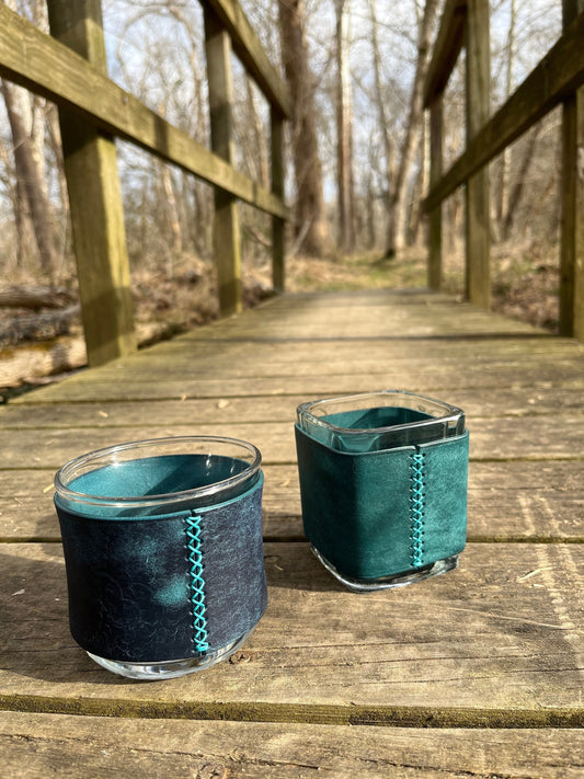 Blue Leather Candle Holder/Corset - Handmade - Vegetable Tanned Leather